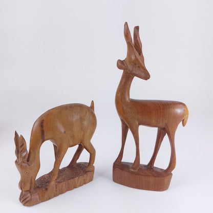 Vintage  2 x Hand Carved African Wood Wooden Antelopes Gazelles Animal Ornament