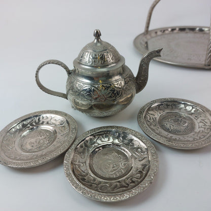 Turkish/Persian Handmade Hammered Stainless Steel Tea Set with Tray and Cups