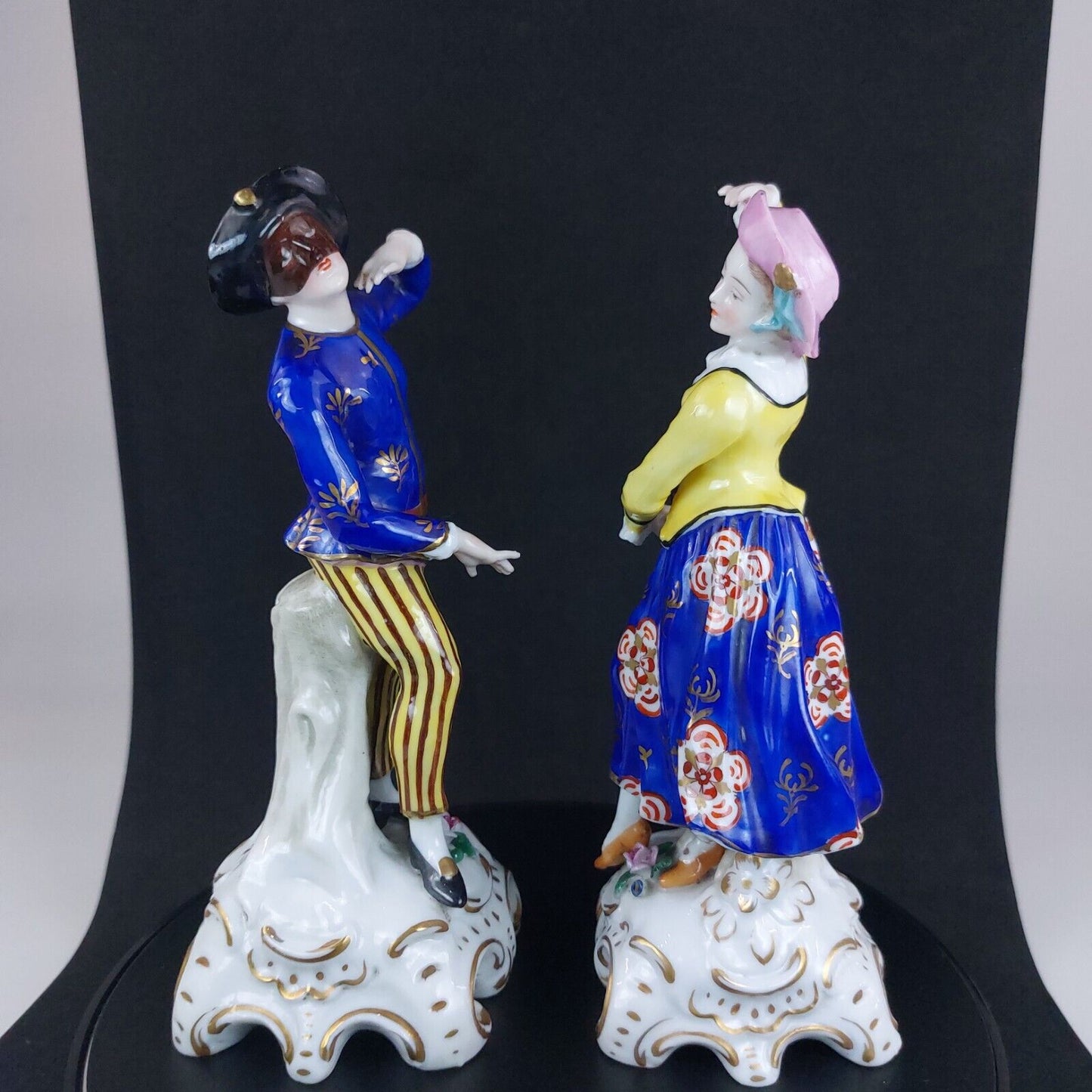 Antique Porcelain Figurines, Woman and Man Dancing, Vibrant Hand-Painted Details