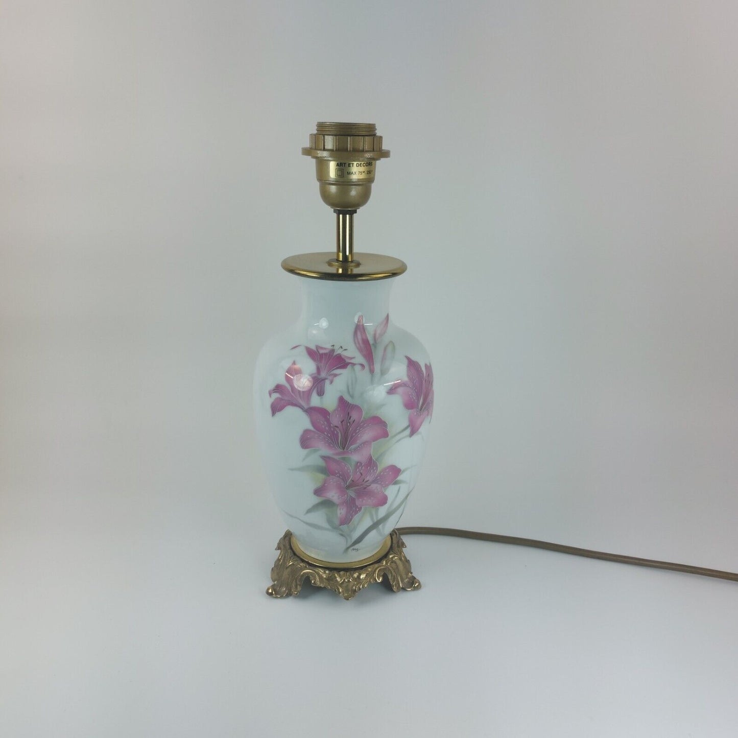 Limoges France Porcelain Lamp with Floral Design, Gold Accents, Estimated 1960's