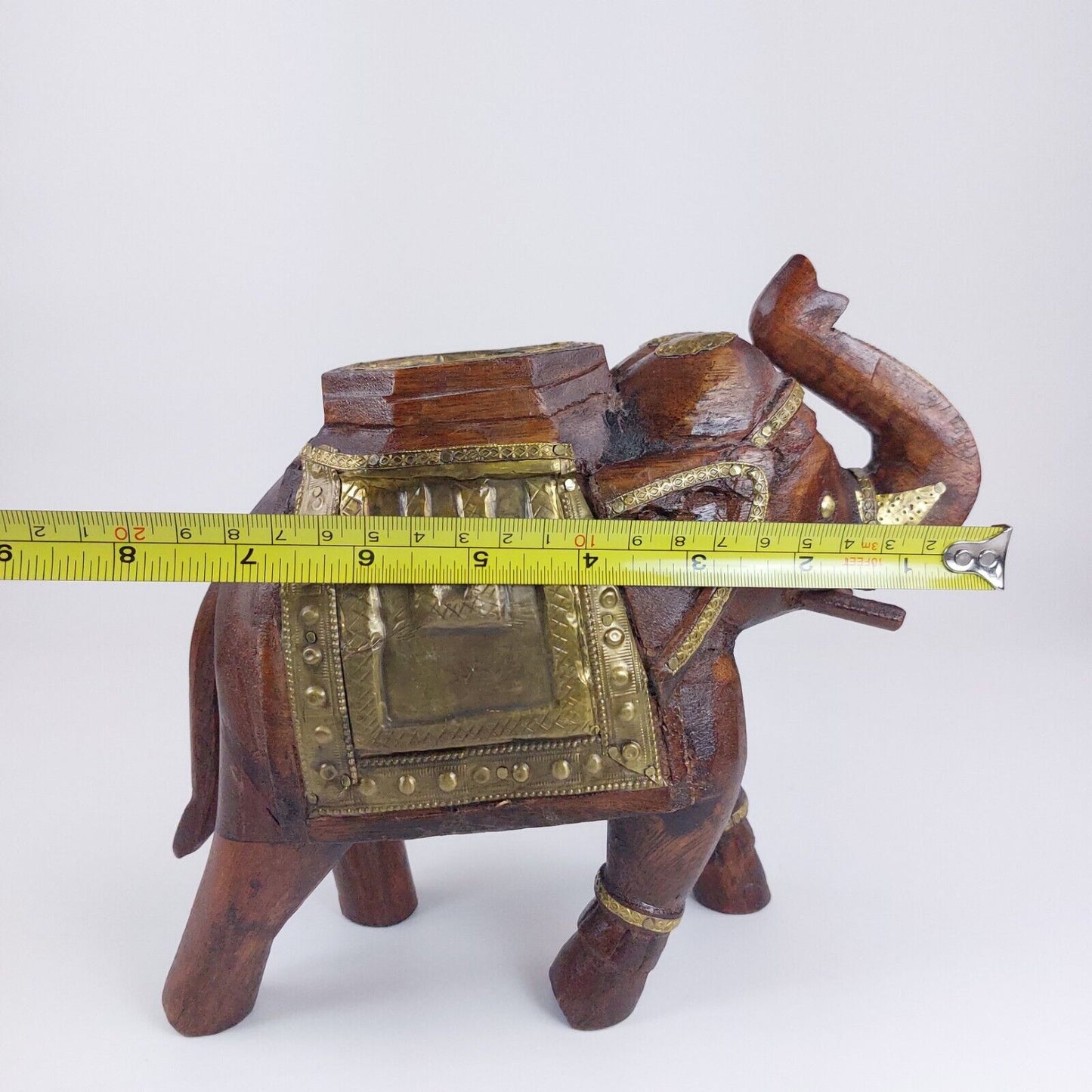 Rare Ornate Handcrafted Wooden Elephant with Brass Accents – Valuable Art