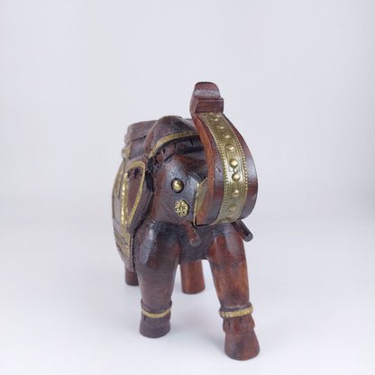 Rare Ornate Handcrafted Wooden Elephant with Brass Accents – Valuable Art