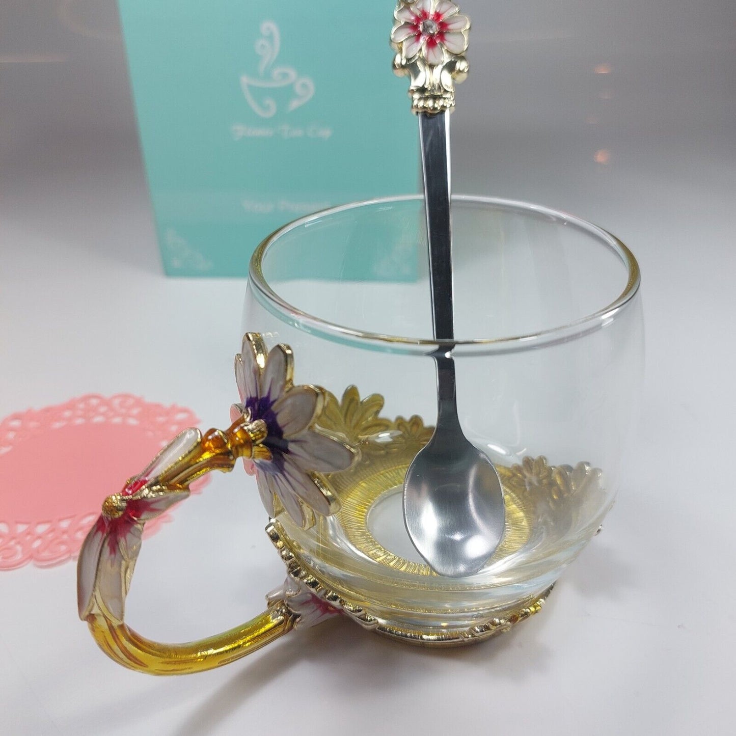 Elegant Glass Tea Cup Set with Spoon and Floral Coaster - Gift Box Included