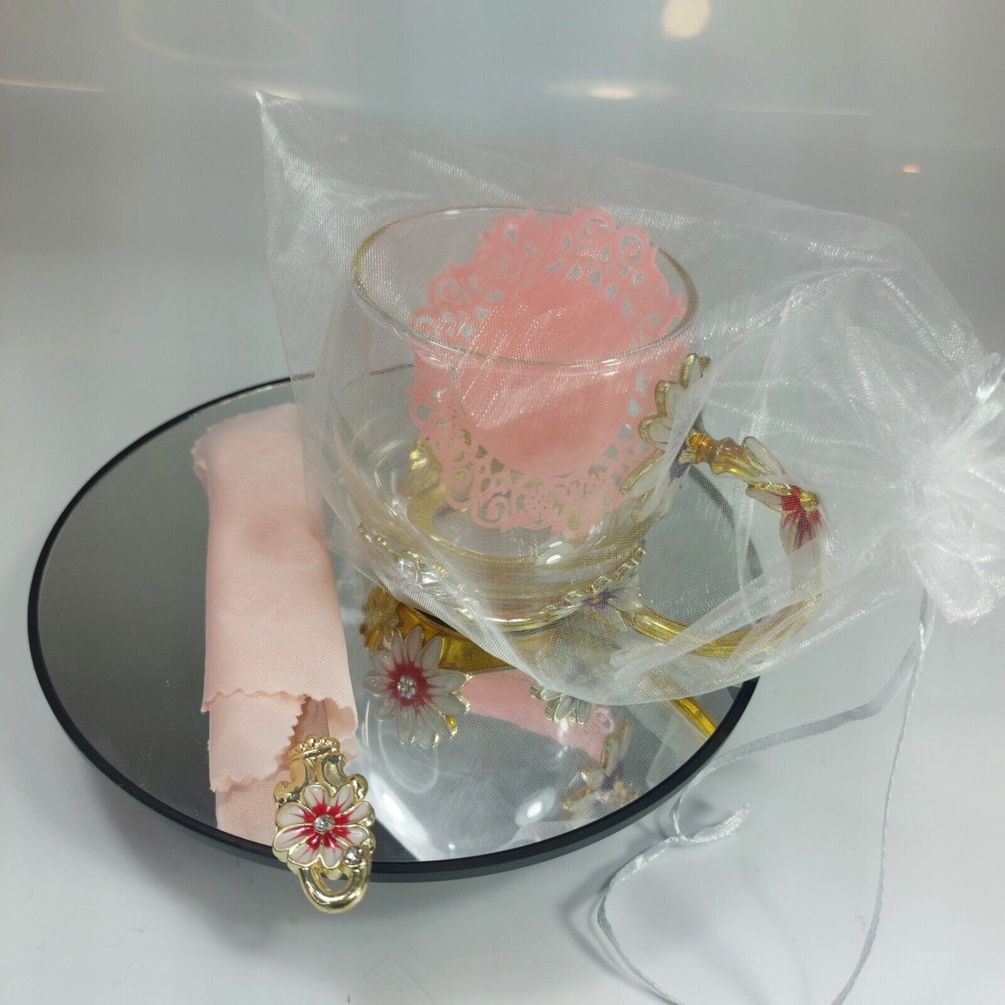 Elegant Glass Tea Cup Set with Spoon and Floral Coaster - Gift Box Included