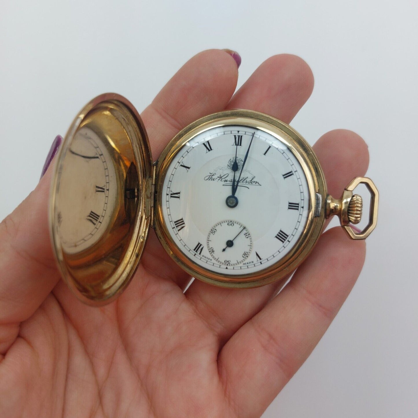 1929 Thomas Russell & Son Full Hunter Pocket Watch, Swiss Movement, Gold Plated