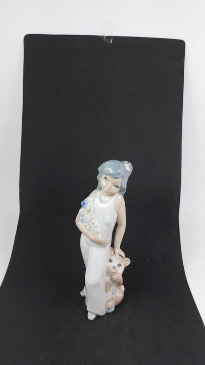 Casades Ceramic Figurine - "Girl with Flowers & Puppy" Made in Spain