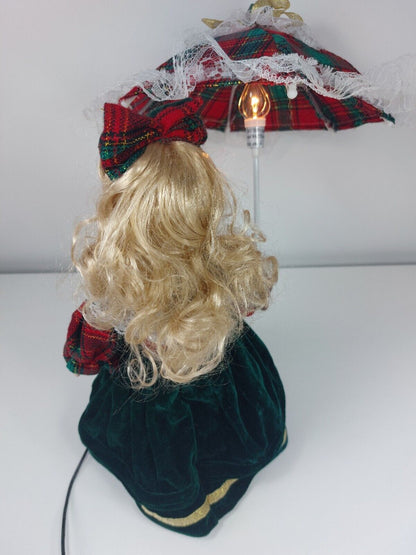 Rare Vintage Victorian Porcelain Doll Lamp with Light-Up Parasol - Green Velvet