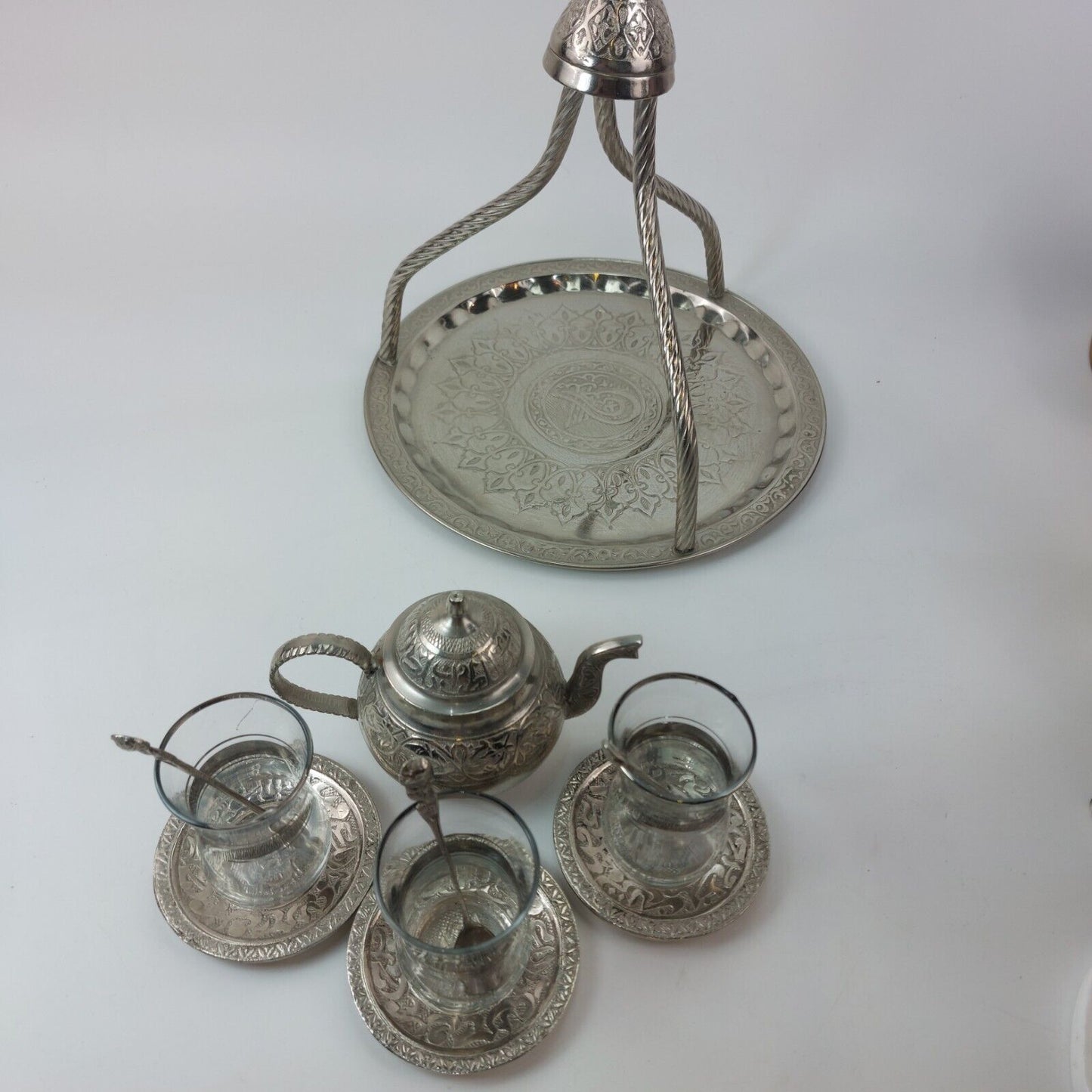 Turkish/Persian Handmade Hammered Stainless Steel Tea Set with Tray and Cups