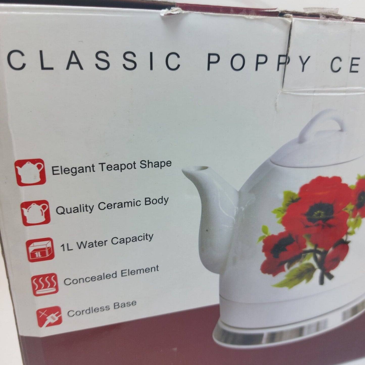 Elitech Classic Ceramic Poppy Electric Teapot Kettle Rose Floral Pattrn 1L Retro