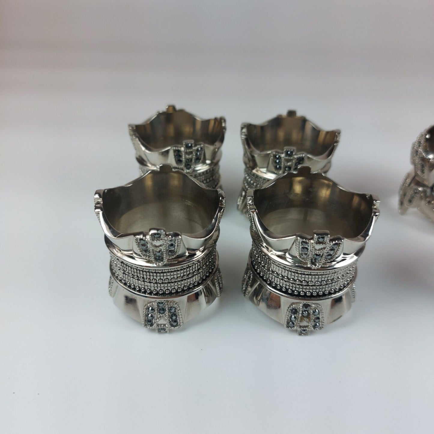 Wallace Silversmiths Nickel & Black Diamond Crystal Napkin Rings-1 Male & 1 Fema