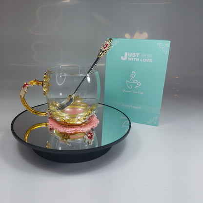 Elegant Glass Tea Cup Set with Spoon and Floral Coaster - Gift Box Included