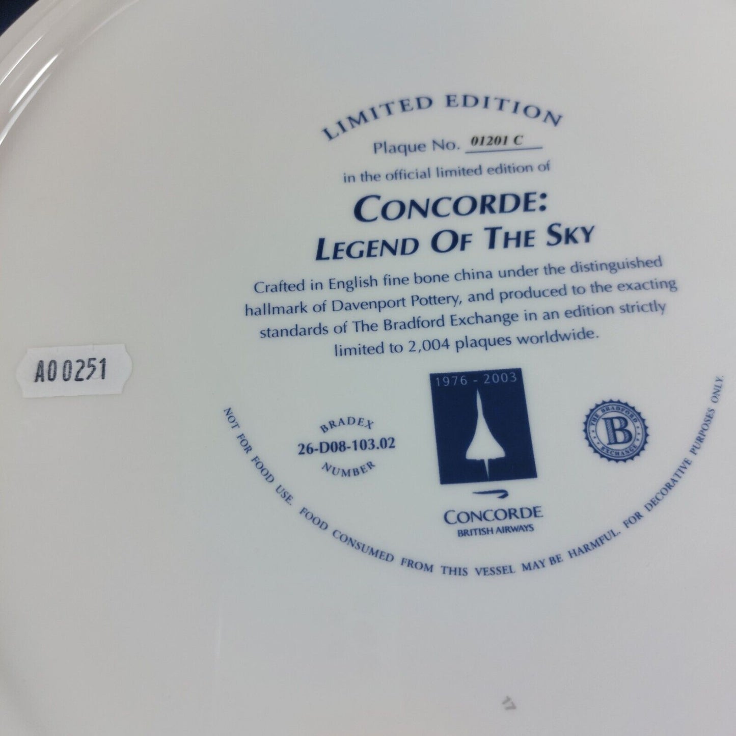 Concorde Legend of the Sky Bradford Exchange- Limited Edition- Davenport Plaque