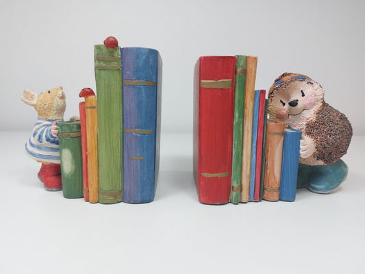 Vintage Bookends - Gordon Fraser - Mouse and Hedgehog with Colorful Books -