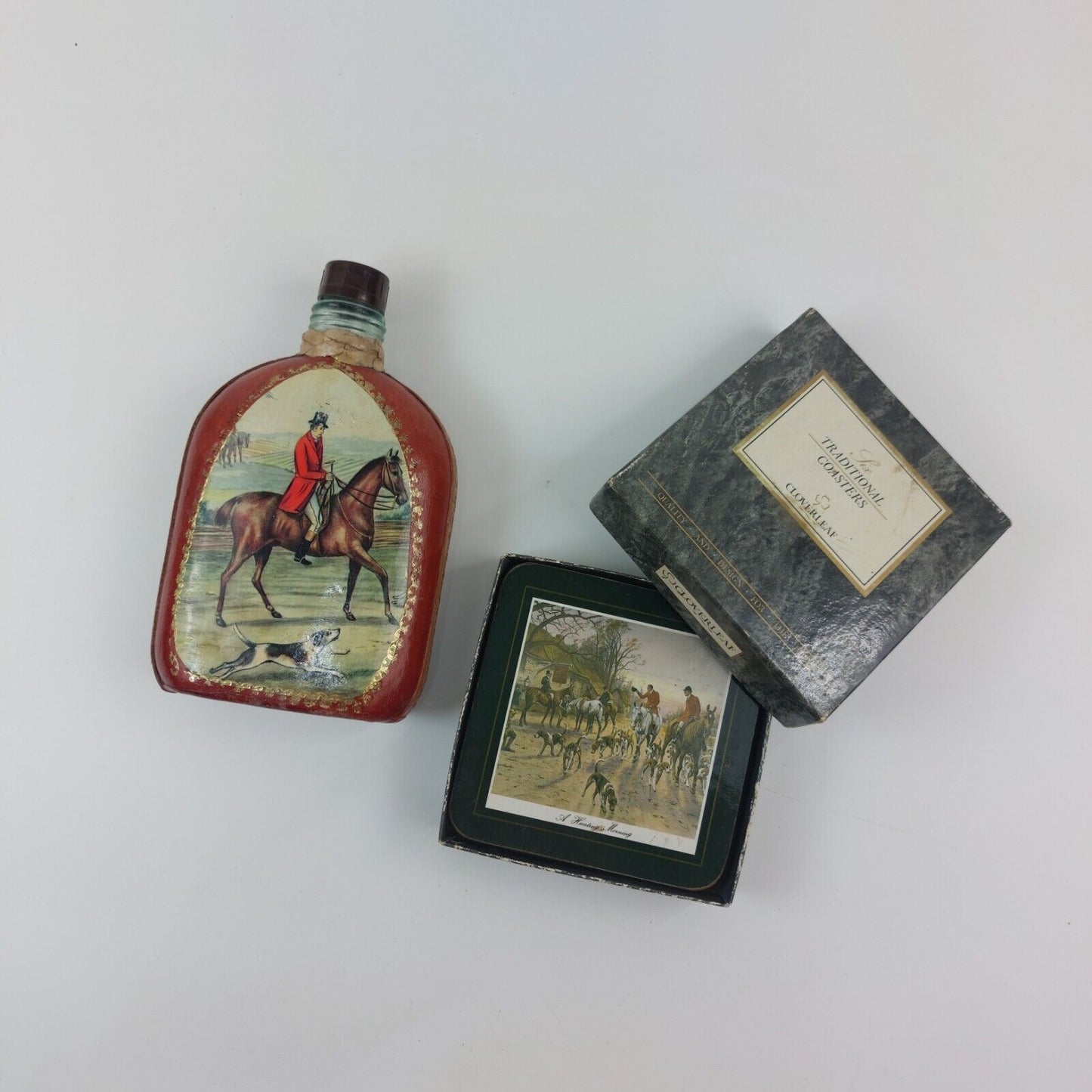 Vintage Equestrian Flask & Cloverleaf Traditional Coasters Set