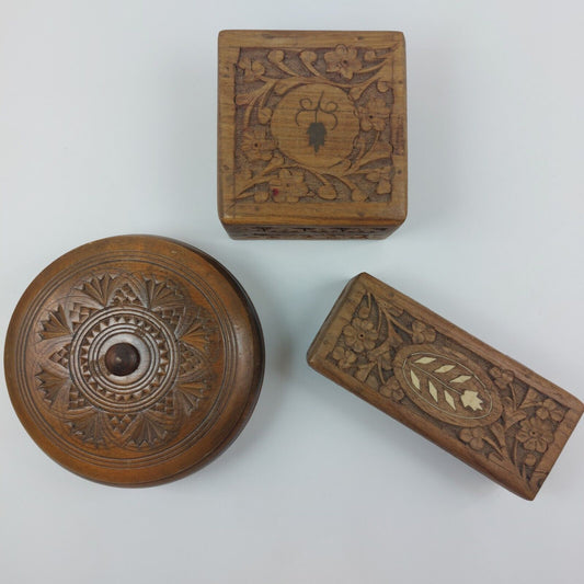 3 Vintage  Wooden Boxes Varying Types Hand Carved etc