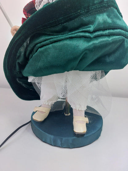 Rare Vintage Victorian Porcelain Doll Lamp with Light-Up Parasol - Green Velvet