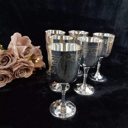 Set of 6 Silver-Plated French Wine Goblets with EPNS Mark, Inspired by Renaissance Style