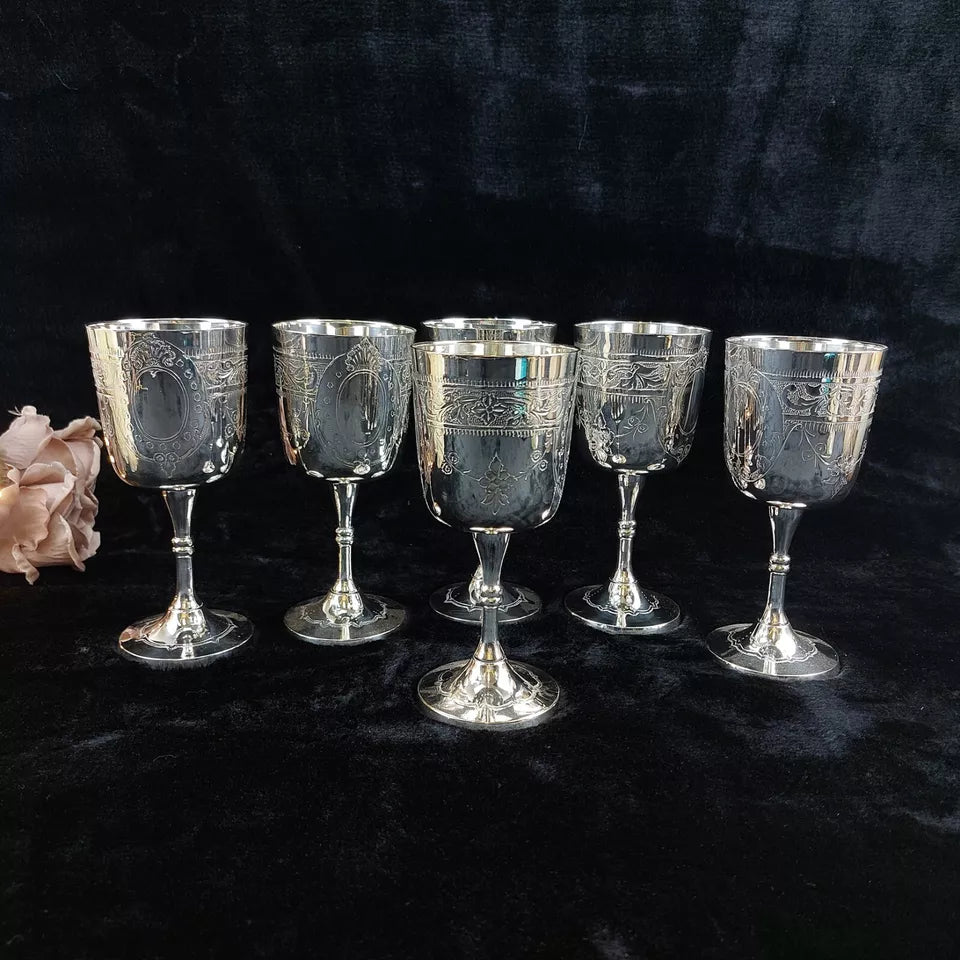 Set of 6 Silver-Plated French Wine Goblets with EPNS Mark, Inspired by Renaissance Style