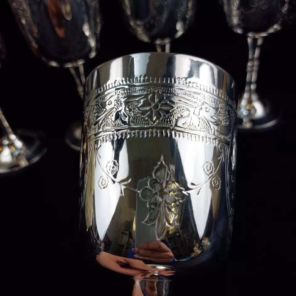 Set of 6 Silver-Plated French Wine Goblets with EPNS Mark, Inspired by Renaissance Style