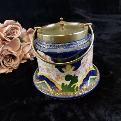 Antique William Wood & Co. Biscuit Barrel – Early 1900's Enamel & Brass