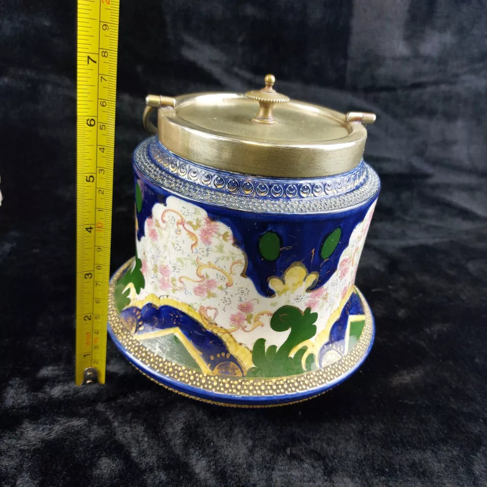 Antique William Wood & Co. Biscuit Barrel – Early 1900's Enamel & Brass